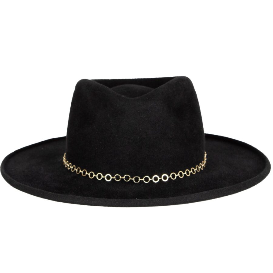 Polished Black Velour Felt Chain Trim Wide Brim Fedora