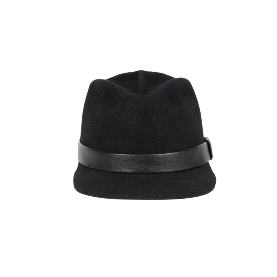 Polished Black Velour Felt Leather Band Structured Cap